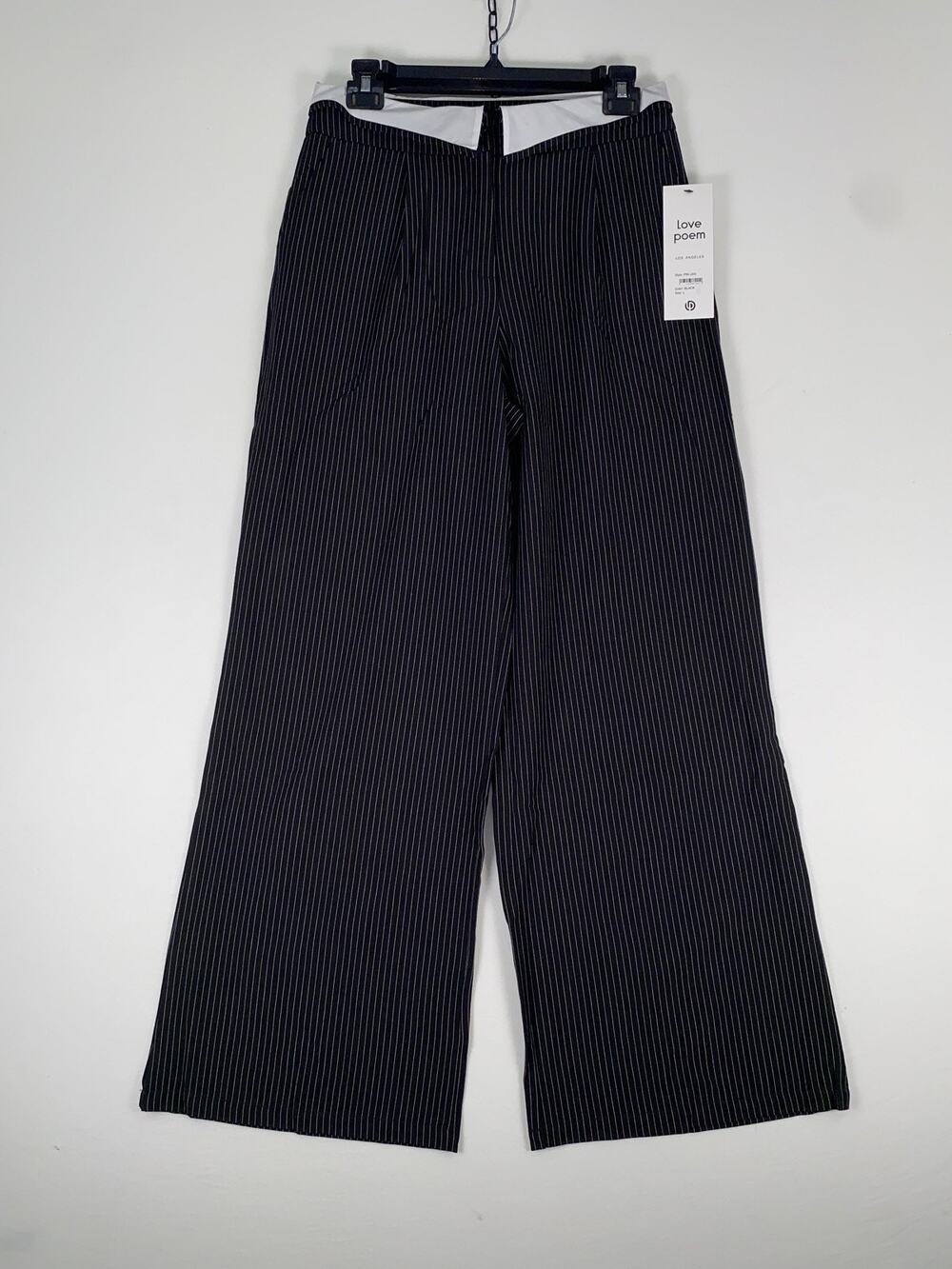 Love Poem Pants Womens Large Black Pinstripe Wide Leg Pull On Elastic Waist